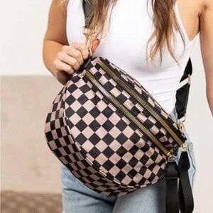 Oversized Double Zip Tan Black Crescent  Checkered Checkerboard Sling Bum Bag